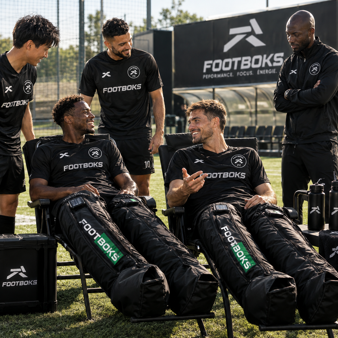 Footballeurs portant les bottes de pressothérapie Footboks PRO pour leur récupération après match