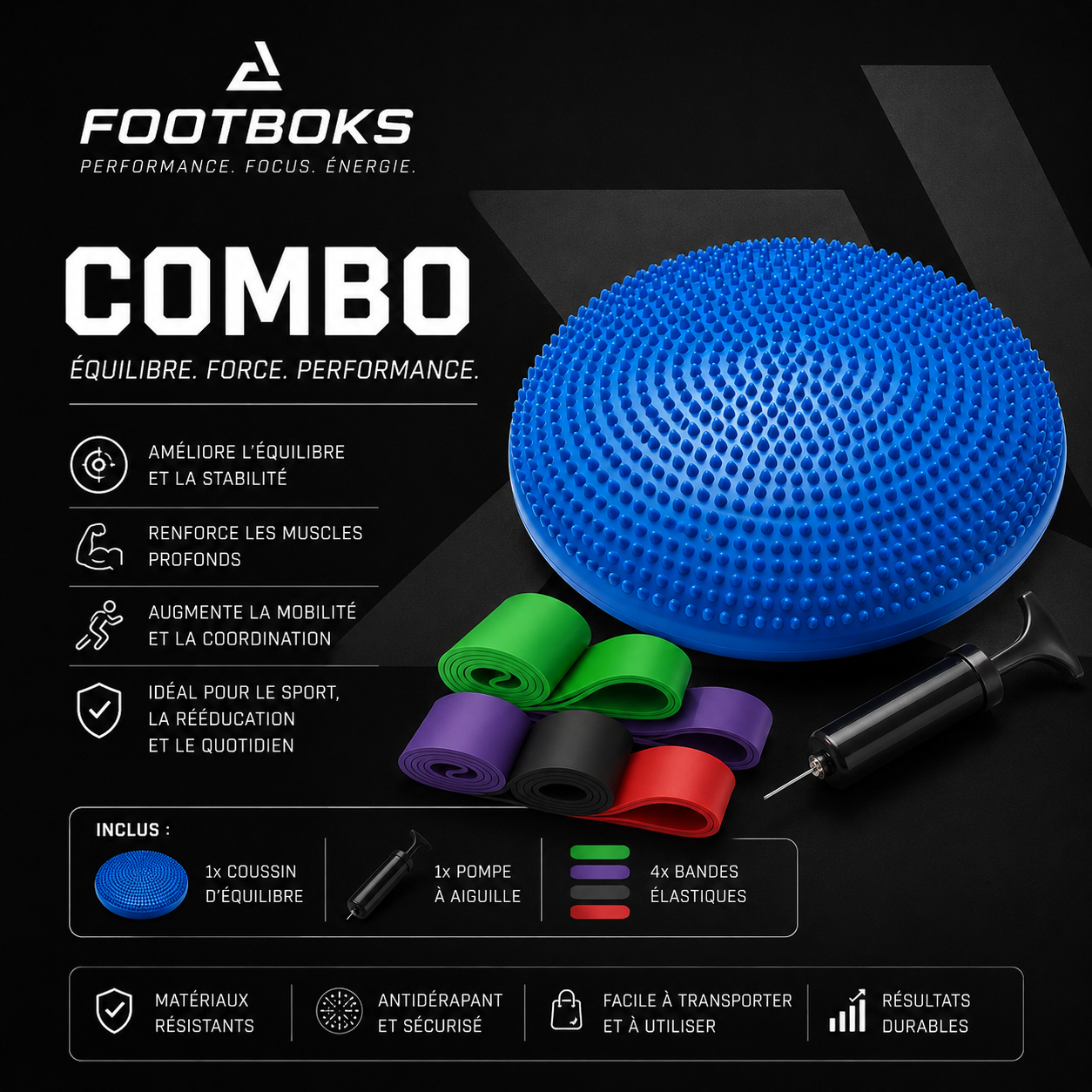 Combo Coussin de proprioception + Bandes de training (4 bandes)